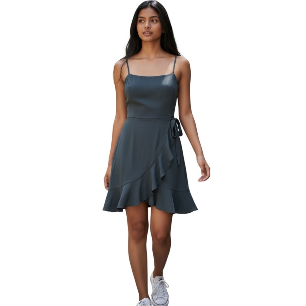 Altar'd State Linen Blend Blue Asymmetrical Ruffled Mini Dress S EUC